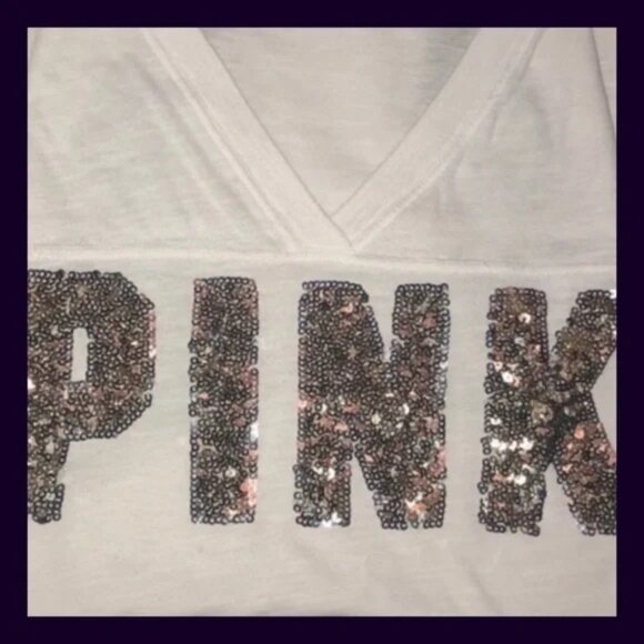 Victorias Secret Pink Sequin Letter Tee With Black Sleeves Womens S Cotton Blend - Picture 11 of 11
